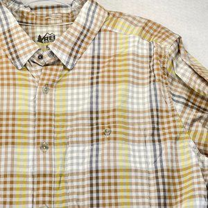 REI COOP Mens XL Brown Plaid Button Down Shirt Performance Long Sleeve Stretch